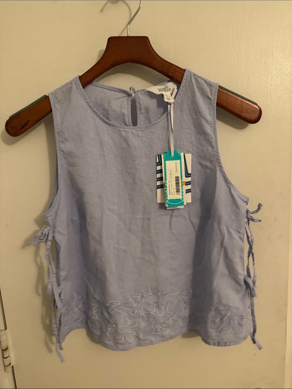 Market & Spruce Linen Blouse Side Tie Light Blue Embroidered